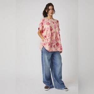 We The Free Moon City Top Womens S Pink Floral Linen Blend Side Pockets Raw Hem